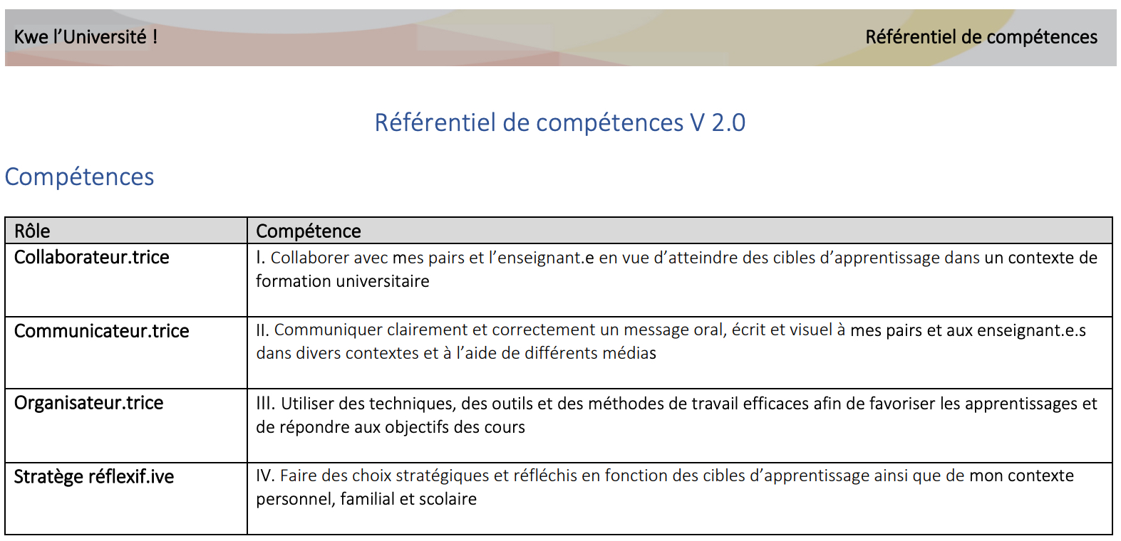 Profil de compétences du métier étudiant